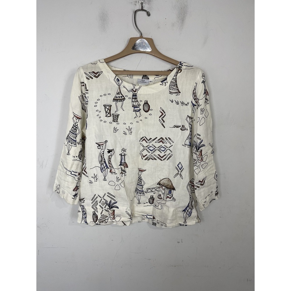 Hot‎ Cotton Womens Shirt Small Tribal Folk Art Print Beachy Coastal Cream Boho